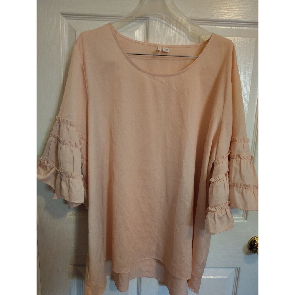 Cato Women’s Plus 22/24W Pink Solid Round Neck 3/4 Ruffle Sleeve Blouse